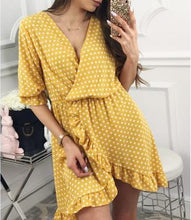 Load image into Gallery viewer, V-neck Polka Dot Ruffles Irregular Summer Dress